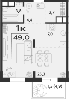 Планировка — ROYALTA, 1-комн., 48 м²