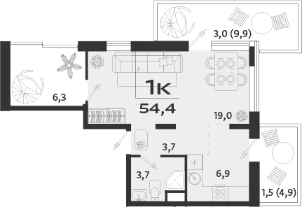Планировка — ROYALTA, 1-комн., 44 м²