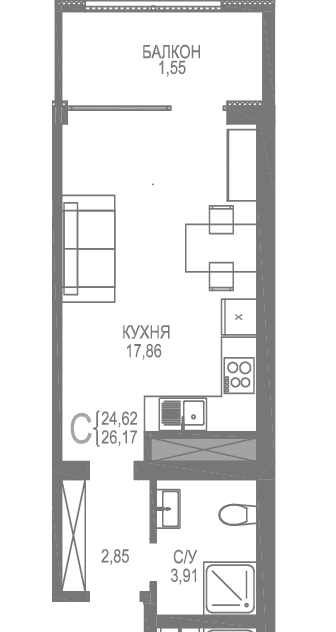 Планировка — Лучистое, Студия, 25 м²