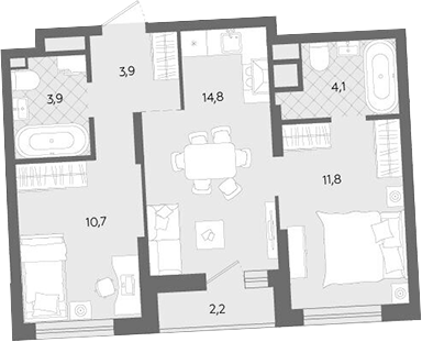 Планировка — Комсомольский, 3-комн., 49 м²