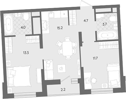 Планировка — Комсомольский, 3-комн., 53 м²