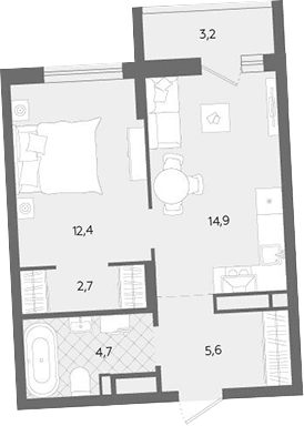 Планировка — Комсомольский, 2-комн., 40 м²
