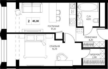 Планировка — АКСИС Центр, 2-комн., 45 м²