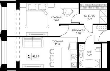 Планировка — АКСИС Центр, 2-комн., 46 м²
