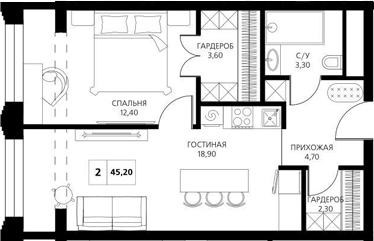 Планировка — АКСИС Центр, 2-комн., 45 м²