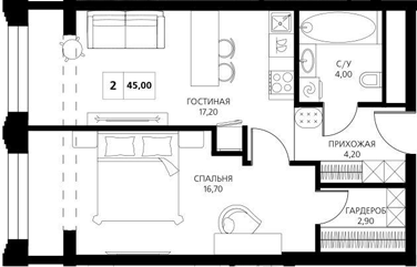 Планировка — АКСИС Центр, 2-комн., 45 м²