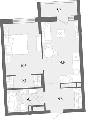 Планировка — Комсомольский, 2-комн., 40 м²