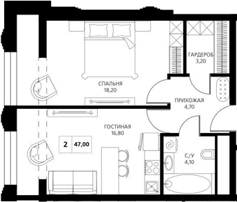 Планировка — АКСИС Центр, 2-комн., 47 м²