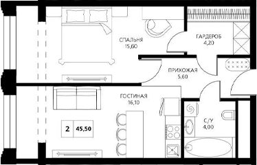 Планировка — АКСИС Центр, 2-комн., 46 м²