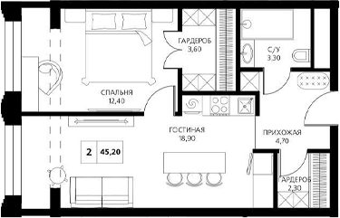 Планировка — АКСИС Центр, 2-комн., 45 м²