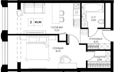 Планировка — АКСИС Центр, 2-комн., 45 м²