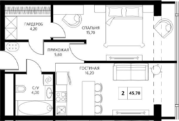 Планировка — АКСИС Центр, 2-комн., 46 м²