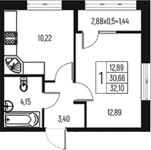Планировка — Атаманский Сад, 1-комн., 31 м²