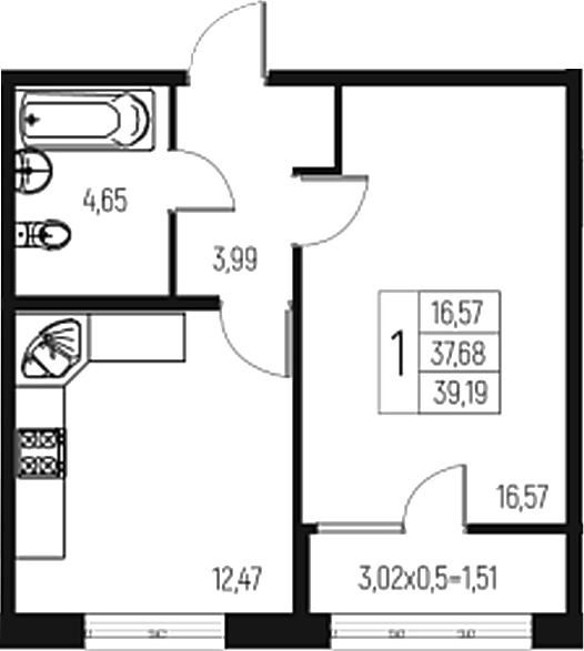 Планировка — Атаманский Сад, 1-комн., 38 м²