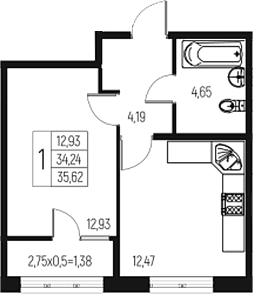 Планировка — Атаманский Сад, 1-комн., 34 м²