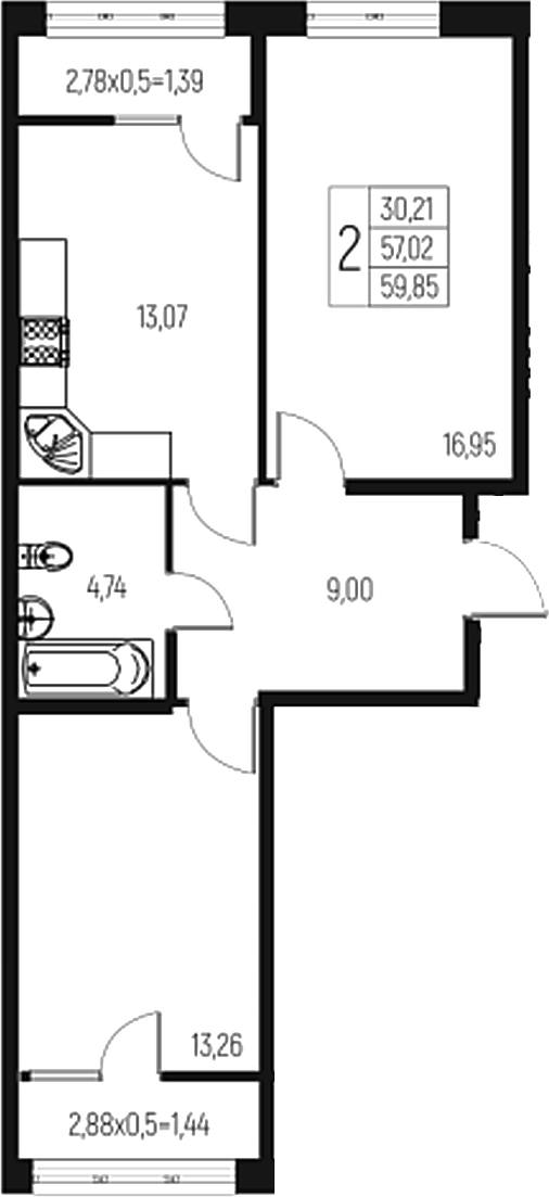 Планировка — Атаманский Сад, 2-комн., 57 м²