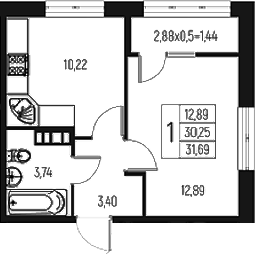 Планировка — Атаманский Сад, 1-комн., 30 м²