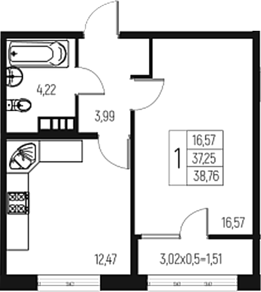 Планировка — Атаманский Сад, 1-комн., 37 м²