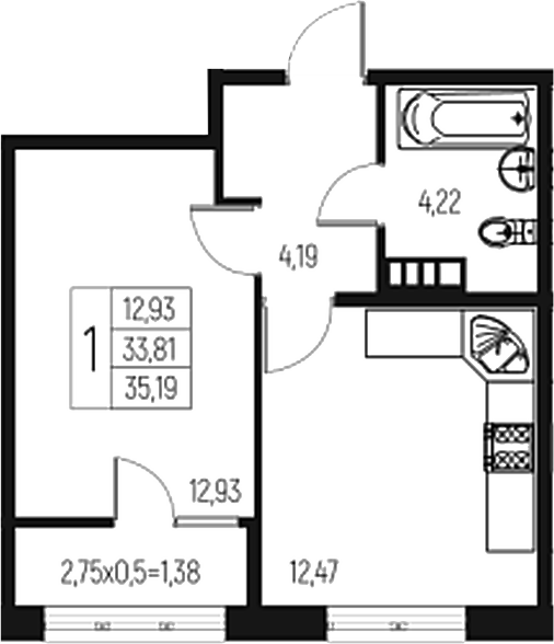 Планировка — Атаманский Сад, 1-комн., 34 м²