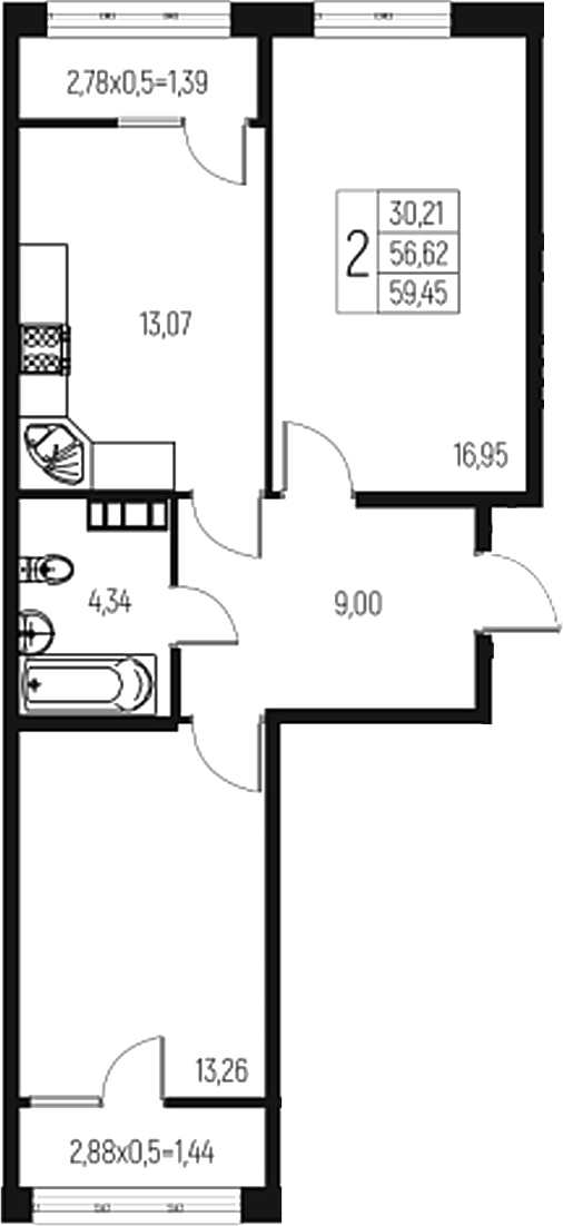 Планировка — Атаманский Сад, 2-комн., 57 м²