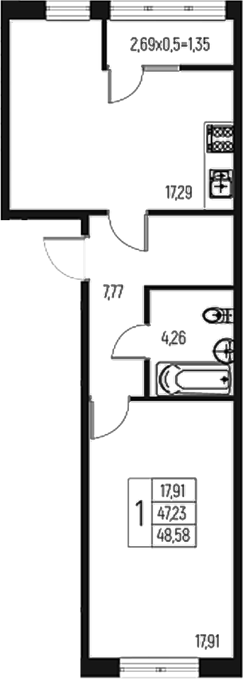 Планировка — Атаманский Сад, 1-комн., 47 м²