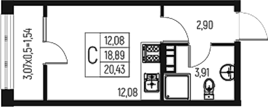 Планировка — Атаманский Сад, Студия, 19 м²