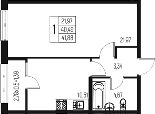 Планировка — Атаманский Сад, 1-комн., 40 м²