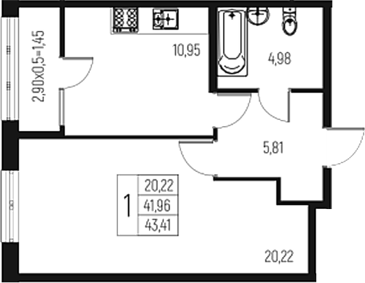 Планировка — Атаманский Сад, 1-комн., 42 м²