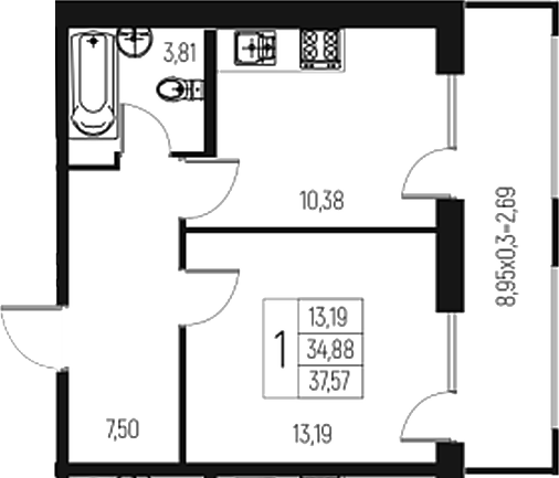 Планировка — Атаманский Сад, 1-комн., 35 м²