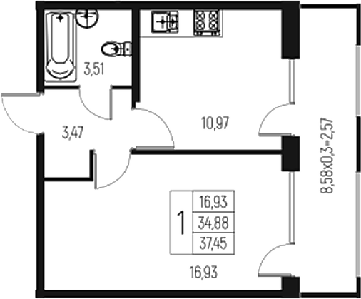 Планировка — Атаманский Сад, 1-комн., 35 м²