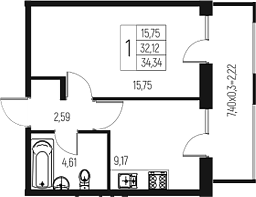 Планировка — Атаманский Сад, 1-комн., 32 м²