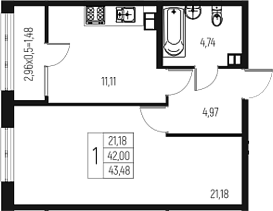 Планировка — Атаманский Сад, 1-комн., 42 м²