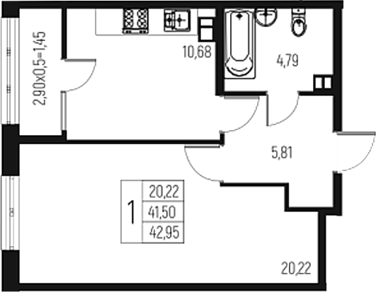 Планировка — Атаманский Сад, 1-комн., 42 м²
