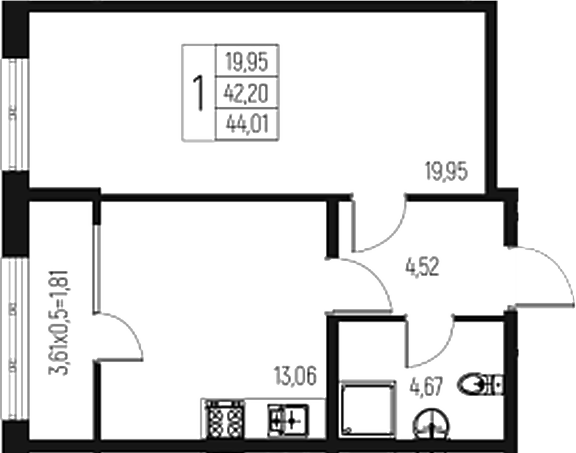 Планировка — Атаманский Сад, 1-комн., 42 м²