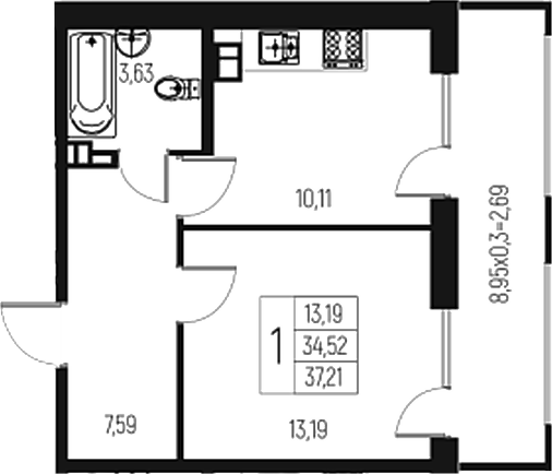 Планировка — Атаманский Сад, 1-комн., 35 м²