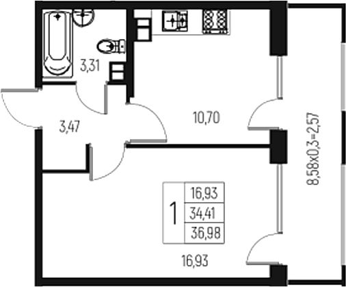Планировка — Атаманский Сад, 1-комн., 34 м²