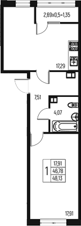Планировка — Атаманский Сад, 1-комн., 47 м²