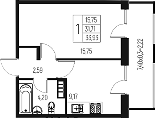 Планировка — Атаманский Сад, 1-комн., 32 м²