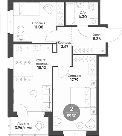 Планировка — Rauta, 2-комн., 57 м²