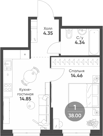 Планировка — Rauta, 1-комн., 38 м²