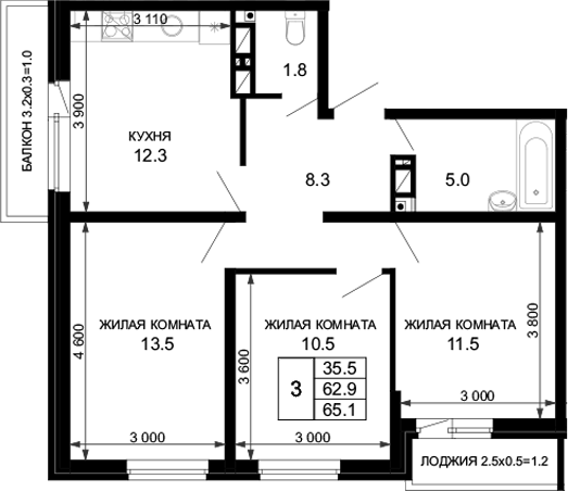 Планировка — Дыхание (АСК), 3-комн., 63 м²