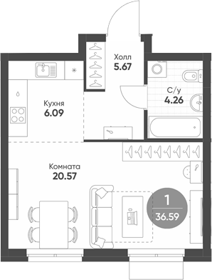 Планировка — Rauta, Студия, 37 м²