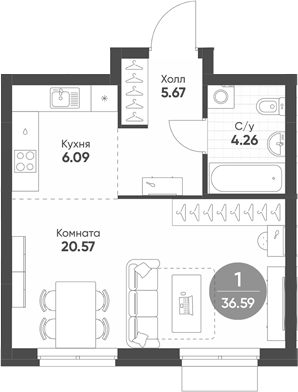 Планировка — Rauta, Студия, 37 м²