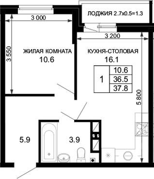 Планировка — Дыхание (АСК), 1-комн., 37 м²