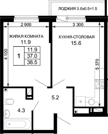 Планировка — Дыхание (АСК), 1-комн., 37 м²