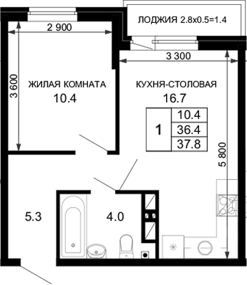 Планировка — Дыхание (АСК), 1-комн., 36 м²