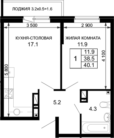 Планировка — Дыхание (АСК), 1-комн., 39 м²