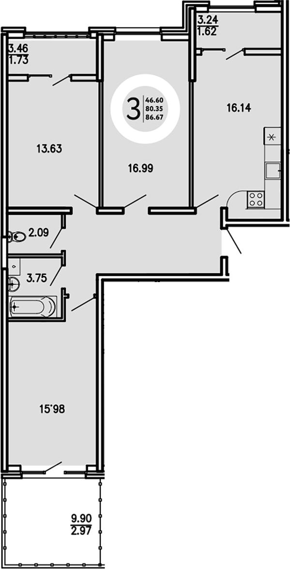 Планировка — Просторы Крыма, 3-комн., 80 м²