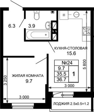 Планировка — 1-к. кв. Дыхание №416
