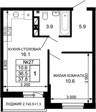 Планировка — Дыхание (АСК), 1-комн., 37 м²